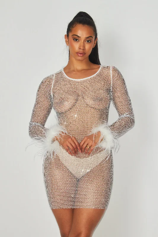 Women's Workout Clothing Elegant Fashion Offers Feather Trim Rhinestone Long Sleeve Dress Women's Workout Clothing Elegant Fashion Offers Feather Trim Rhinestone Long Sleeve Dress