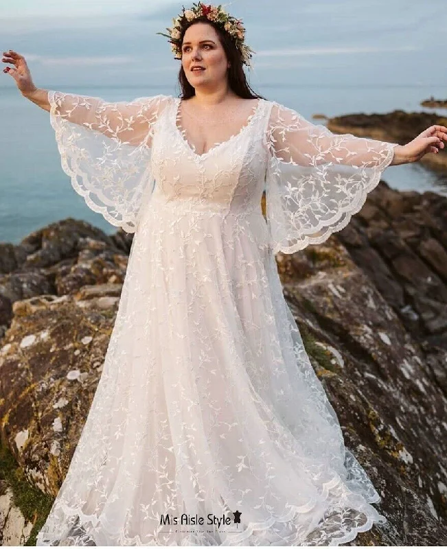 Stylish Women's Clothing Budget Friendly Summer Plus Size Lace Long Sleeve Boho Wedding Dress