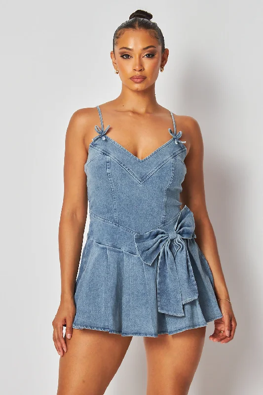 Stylish Women's Garments For Holidays Limited Edition Deanna Bow Detail Pleated Denim Cami Mini Dress Stylish Women's Garments For Holidays Limited Edition Deanna Bow Detail Pleated Denim Cami Mini Dress