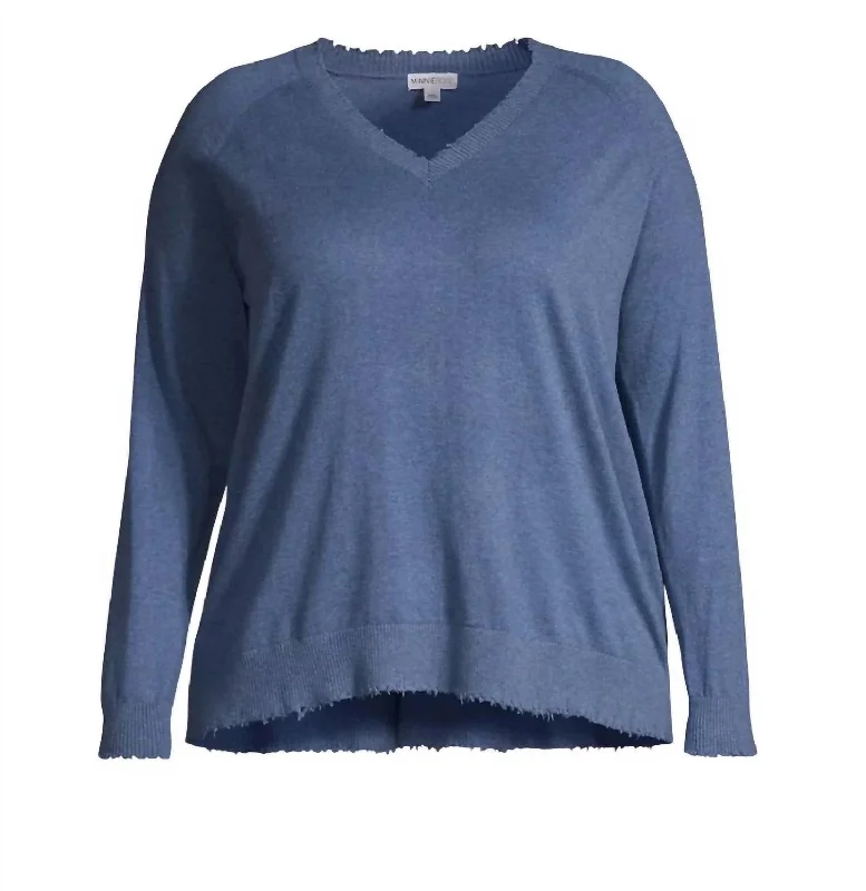 Women's Travel Apparel Low Price Special Women's Frayed Edge V Sweater In Harbor Blue