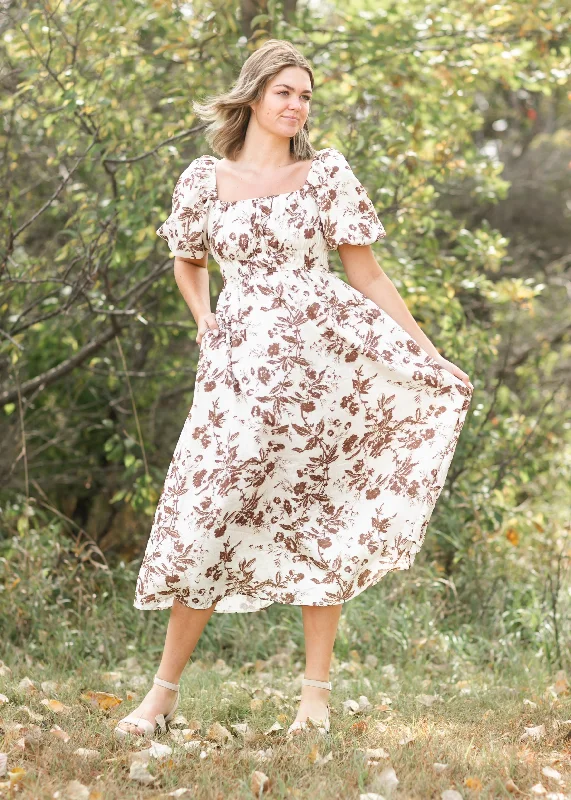 Women's Clothing Outfit Set Vintage-Inspired Style Offers Floral Textured Print Midi Dress - FINAL SALE
