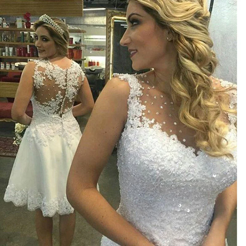 Women's Chic Outfit Latest Fashion LP4498 Short Wedding Dress Lace Bridal Gown with Embellish Vestido De Novias 2018 Women's Chic Outfit Latest Fashion LP4498 Short Wedding Dress Lace Bridal Gown with Embellish Vestido De Novias 2018