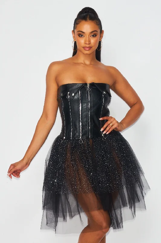 Women's Occasion Wear Clothes Season Sale Kaylee Contrast Mesh PU Zipper Tutu Tube Dress Women's Occasion Wear Clothes Season Sale Kaylee Contrast Mesh PU Zipper Tutu Tube Dress