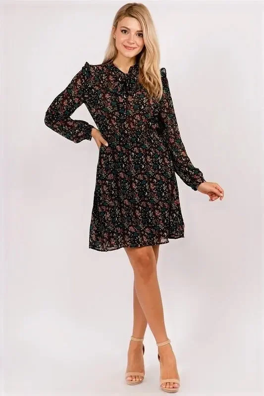 Stylish Women's Apparel Trend Leading Collection Harper Floral Ruffle Fit & Flare Tie-Neck Dress