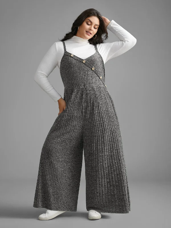 Women's High-Fashion Clothes Seasonal Picks Plain Rib Knit Button Detail Jumpsuit