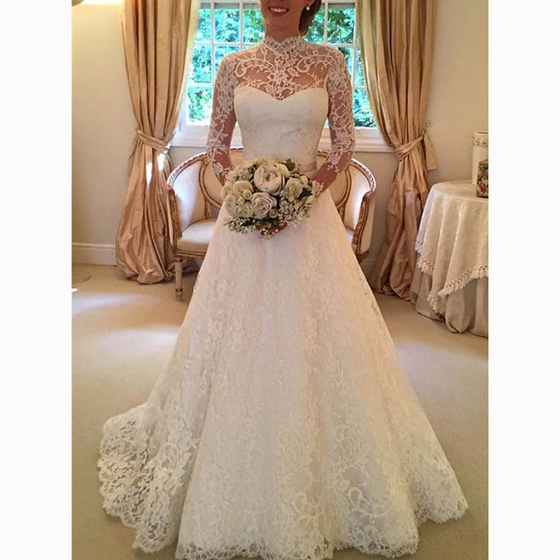 Modern Women's Apparel Massive Selection Sale Romantic A Line Lace Wedding Gown High Neck Bridal Dress with Sleeves vestidos de novia Modern Women's Apparel Massive Selection Sale Romantic A Line Lace Wedding Gown High Neck Bridal Dress with Sleeves vestidos de novia