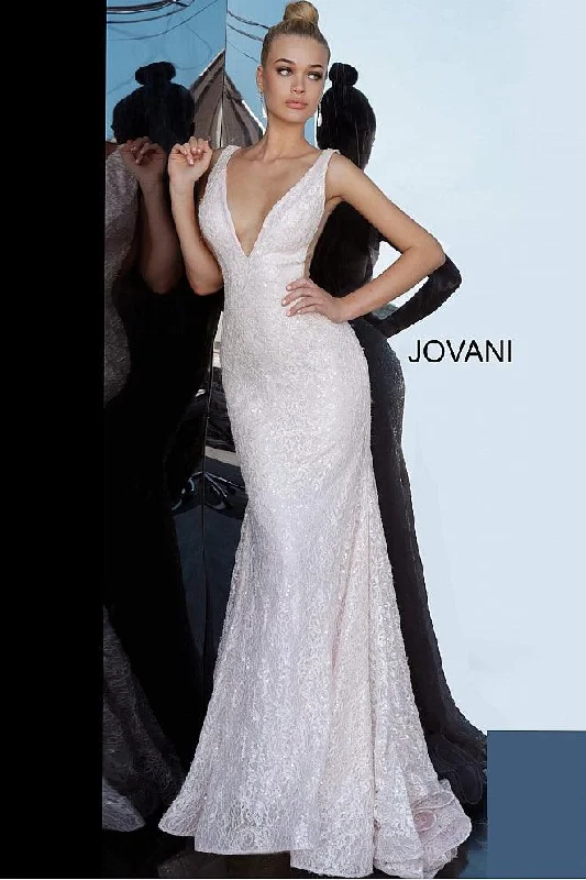 Women's Office Outfit Chic Style, Always In Vogue Jovani 65547 Plunging Neckline Lace Long Evening Dress