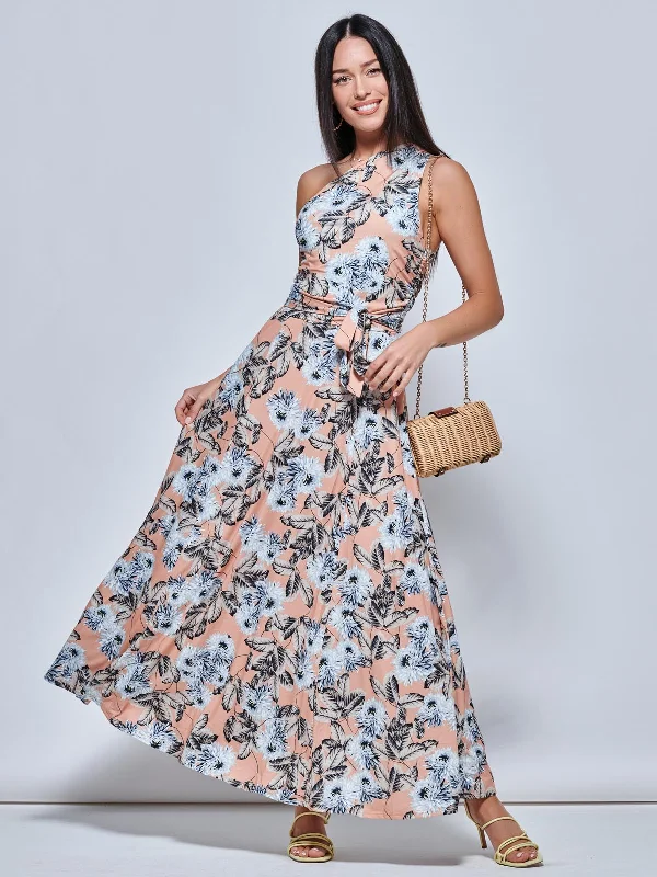 Women's Trendy Apparel Casual Fashion One Shoulder Maxi Jersey Dress, Floral Multi