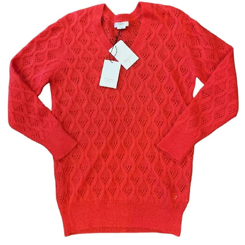 Women's Functional Outdoor Garments Limited Styles Women's Pointelle Mohair Pullover Knit Sweater In Red Women's Functional Outdoor Garments Limited Styles Women's Pointelle Mohair Pullover Knit Sweater In Red