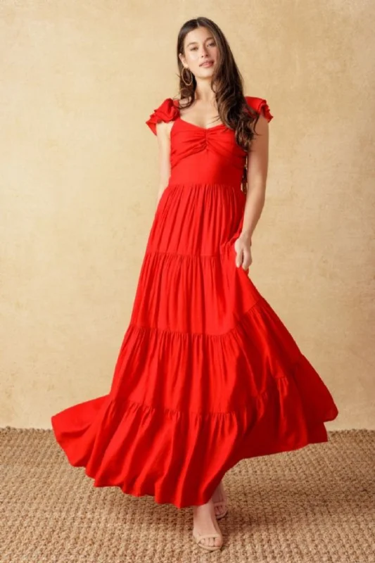 Women's Cozy Outfit For Lounging Elegant Style Kendall Ruffle Sleeve Maxi Dress Red Women's Cozy Outfit For Lounging Elegant Style Kendall Ruffle Sleeve Maxi Dress Red