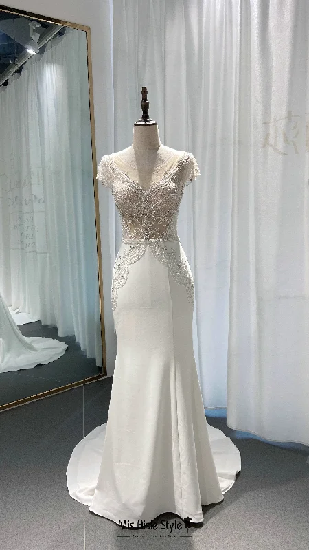 Women's Travel Attire Trend Leading Collection Fit and Flare Short Sleeve Beaded Wedding Dress