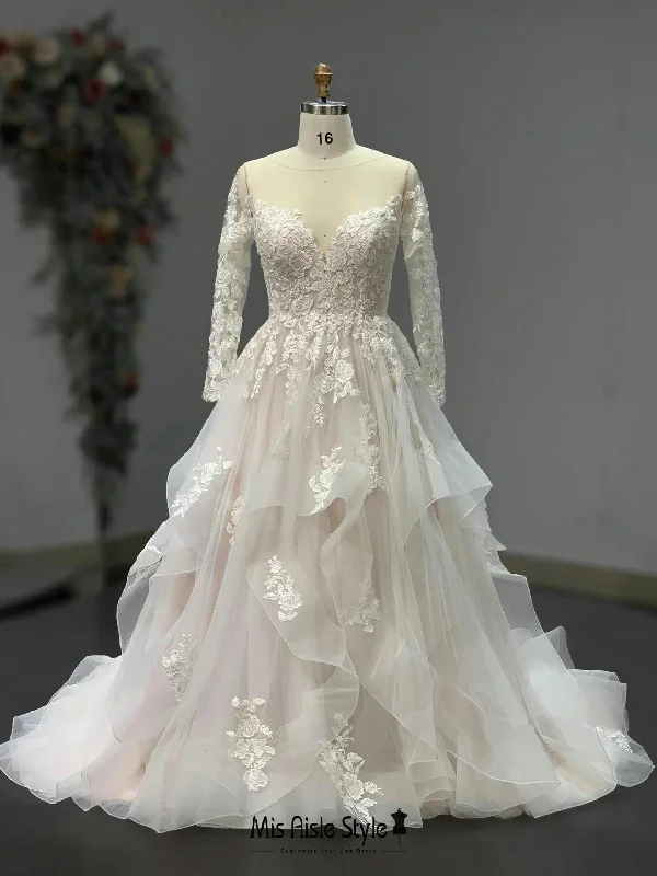 Women's Evening Wear Attire Best-Sellers Long Sleeve Tiered Skirt Wedding Dress