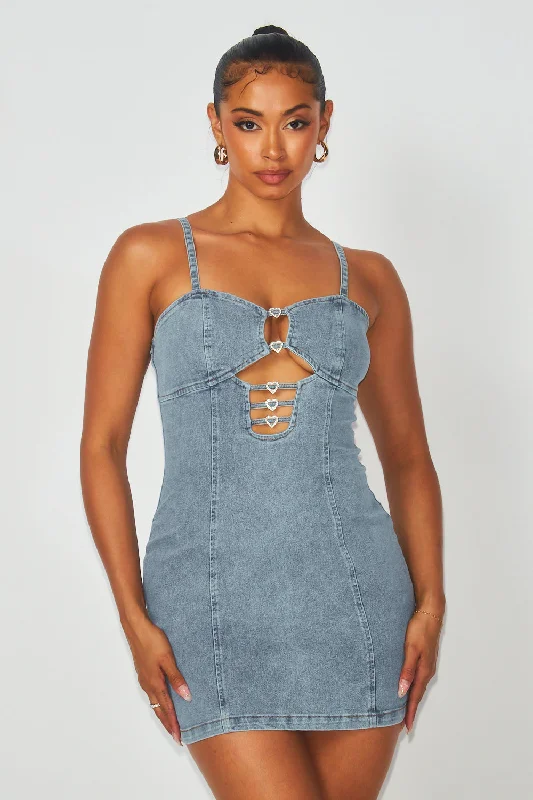 Women's Versatile Apparel Break Fashion Norms Antonia Rhinestone Heart Denim Jean Mini Dress Women's Versatile Apparel Break Fashion Norms Antonia Rhinestone Heart Denim Jean Mini Dress
