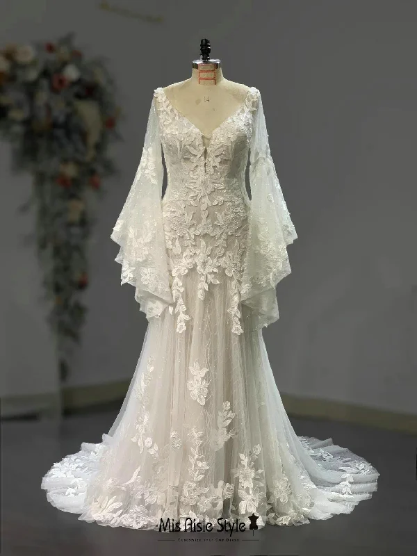 Women's Vintage Attire Enjoy Discount Mermaid Long Sleeve Lace Bohemian Wedding Dress