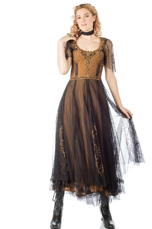 Women's Casual Clothing For Lounging Best Deals Of The Season Alice Vintage Style Dress in Black-Gold by Nataya