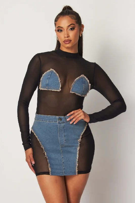 Women's Elegant Evening Outfit Fashion-Forward Offers Adrienne Sheer Mesh Denim Contrast Mini Dress Women's Elegant Evening Outfit Fashion-Forward Offers Adrienne Sheer Mesh Denim Contrast Mini Dress