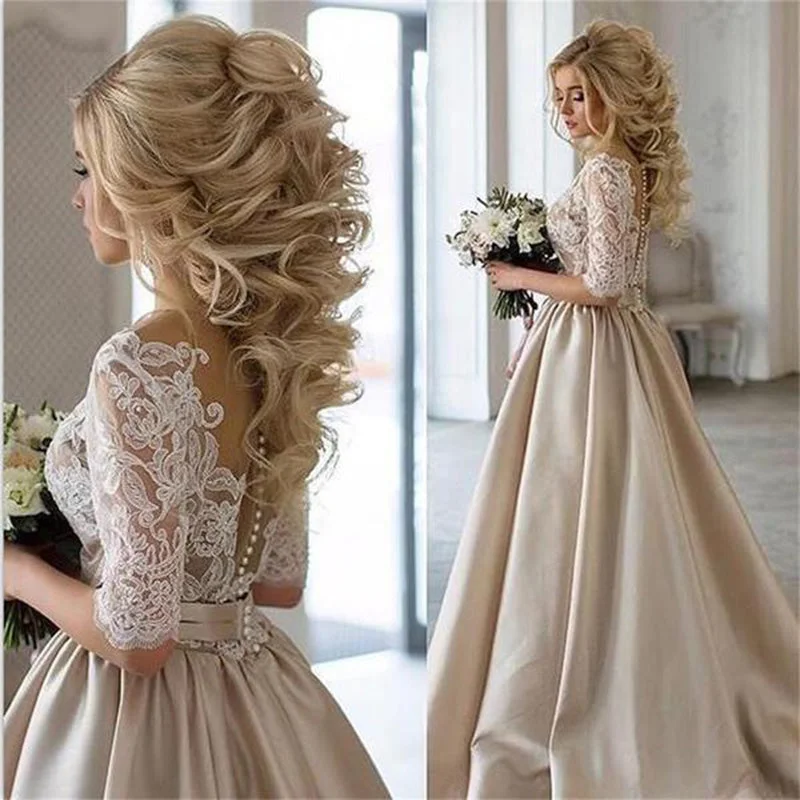 Sustainable Women's Clothing Seasonal Fashion LP587 Champagne Wedding Dress with Half Sleeves Lace Bridal Gown Robe De Mariee 2018 Sustainable Women's Clothing Seasonal Fashion LP587 Champagne Wedding Dress with Half Sleeves Lace Bridal Gown Robe De Mariee 2018