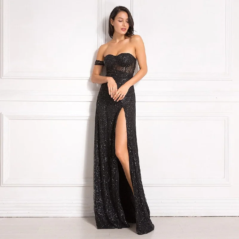 Women's Elegant Apparel Sophisticated Fashion DressBetty - Off Shoulder Glitters Floor Length Split Party Dress