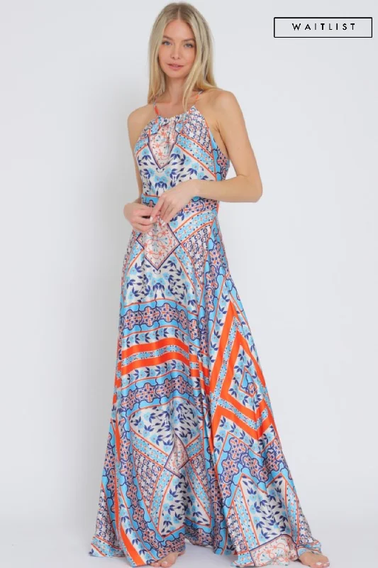 Women's Evening Garments Retro Style Promotions Waitlist 2/5 ♥ Lolisa Sleeveless Halter Cross Back Abstract Print Maxi Dress Blue Women's Evening Garments Retro Style Promotions Waitlist 2/5 ♥ Lolisa Sleeveless Halter Cross Back Abstract Print Maxi Dress Blue