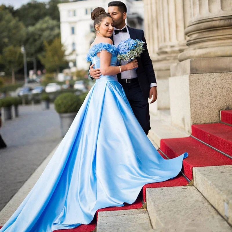 Women's Elegant Formal Outfit Modern Fashion Sale LP6989 Off the shoulder A Line Satin Wedding Dresses Blue bridal dress ,Vestido de Novias 2018 Women's Elegant Formal Outfit Modern Fashion Sale LP6989 Off the shoulder A Line Satin Wedding Dresses Blue bridal dress ,Vestido de Novias 2018