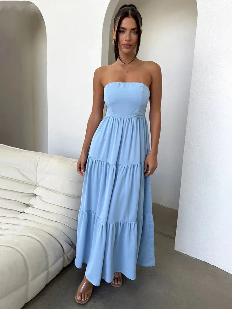 Vintage-Inspired Women's Apparel Imeless Style Pleated A-line Long Off Shoulder Backless Nightclub Spring Summer Maxi Dress