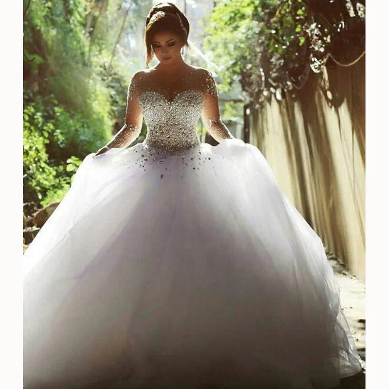 Modern Women's Clothes Ride The Style Wave Romantic Bridal Gown Long Sleeves Illusion Crystal Pearl Ball Gowns Wedding Dresses Princess Bridal Gown WD3664 Modern Women's Clothes Ride The Style Wave Romantic Bridal Gown Long Sleeves Illusion Crystal Pearl Ball Gowns Wedding Dresses Princess Bridal Gown WD3664