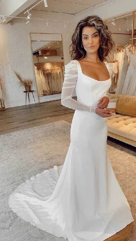 Women's Functional Outfit For Outdoor Activities Winter Warehouse Sale Fit and Flare Sheer Long Sleeve Square Neckline Wedding Dress