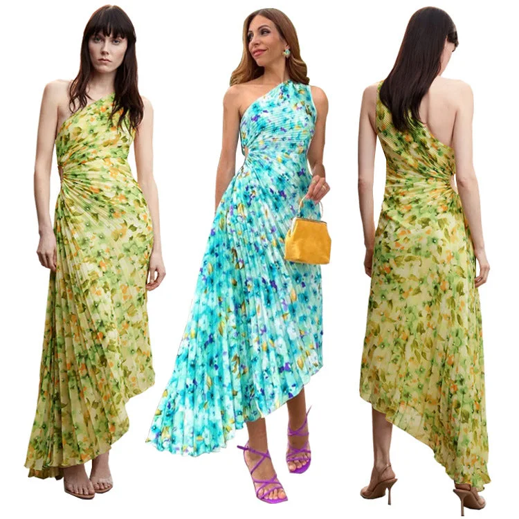 Women's Clothing Apparel Sets Premium Style 2023 Summer Casual Dresses One Shoulder Floral Printed Pleated Dress Slim Fit Hot Sell Long Maxi Sun Dresses