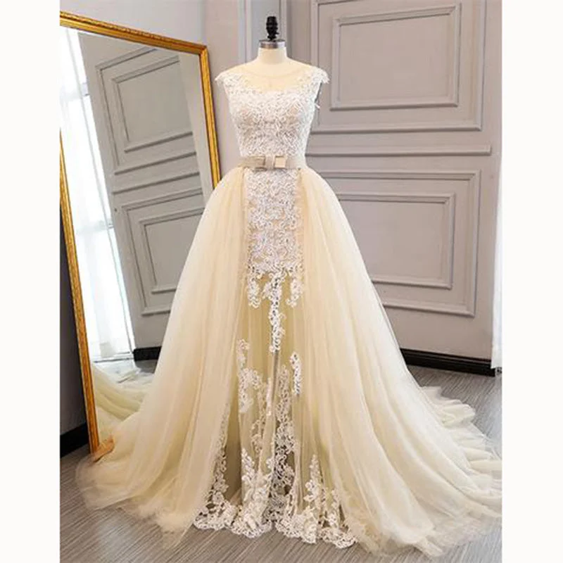 Women's Formal Clothes Shop The Hottest Deals Stylish Detachable Train Champagne Lace Bridal Dresses Custom Made Wedding Gown with Belt Women's Formal Clothes Shop The Hottest Deals Stylish Detachable Train Champagne Lace Bridal Dresses Custom Made Wedding Gown with Belt