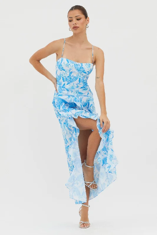 Modern Women's Apparel Hurry Before It'S Gone Serif Ruffle Trim Split Maxi Dress Blue Modern Women's Apparel Hurry Before It'S Gone Serif Ruffle Trim Split Maxi Dress Blue
