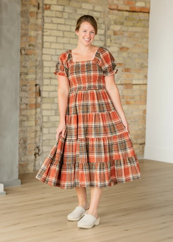 Women's Plus-Size Garments Spring Offer Plaid Smocked Tiered Short Sleeve Dress - FINAL SALE Women's Plus-Size Garments Spring Offer Plaid Smocked Tiered Short Sleeve Dress - FINAL SALE