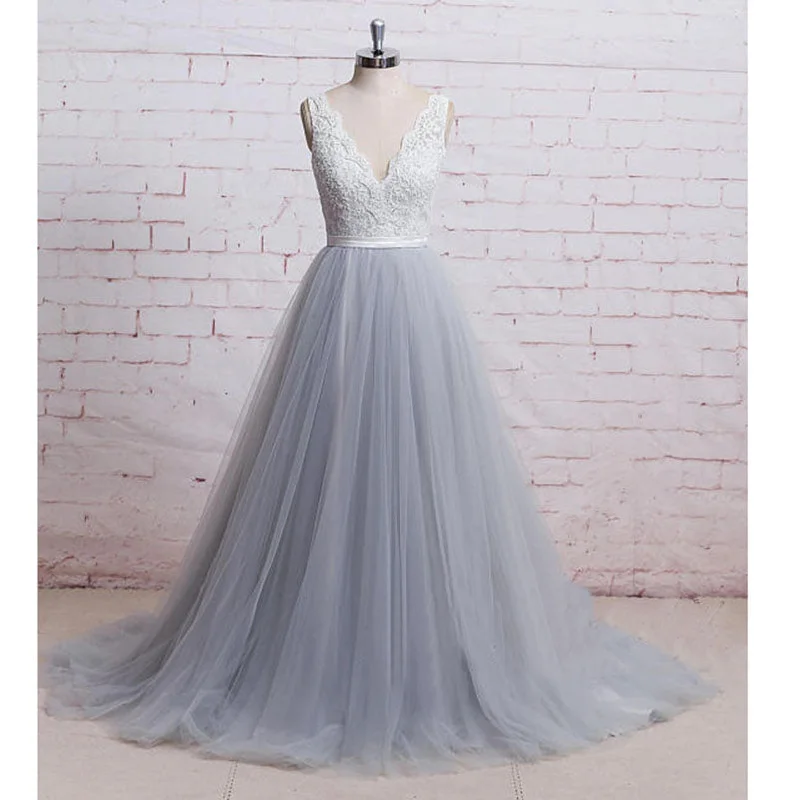 Women's Formal Event Attire Athleisure Style Sale WD1401 Chic Ivory and Grey A Line Romantic Tulle Bridal Gown,V neck Lace Formal Prom Dress 2018 Women's Formal Event Attire Athleisure Style Sale WD1401 Chic Ivory and Grey A Line Romantic Tulle Bridal Gown,V neck Lace Formal Prom Dress 2018
