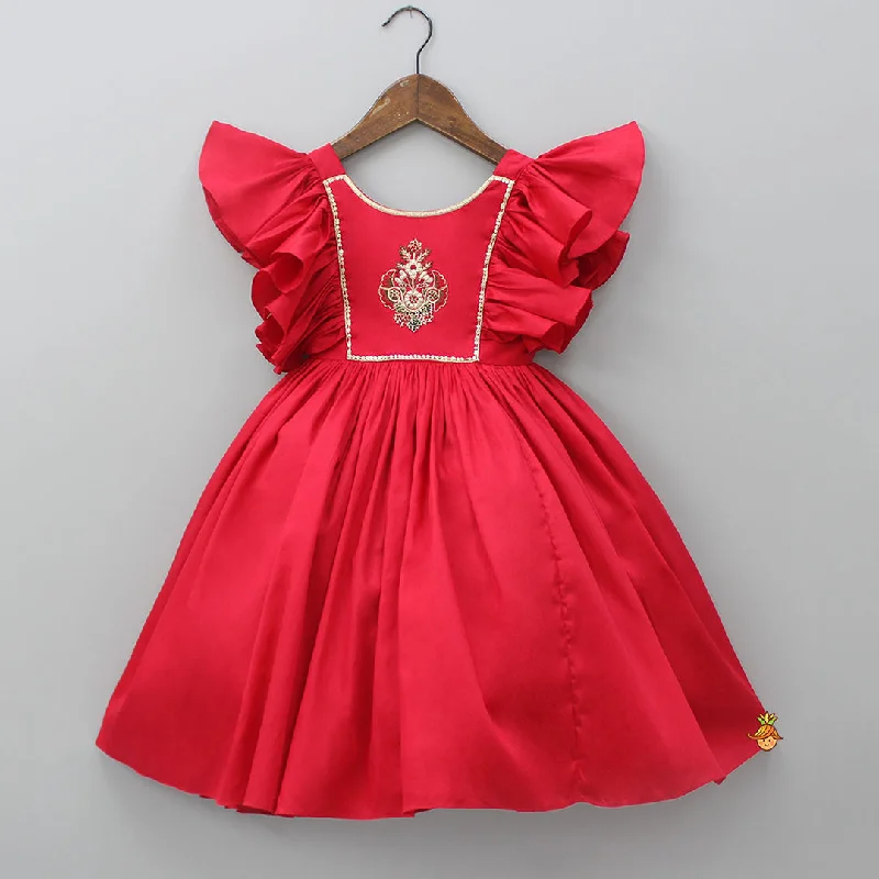 Women's Seasonal Wardrobe Clothing Crazy Discounts, Hurry Up Red Hand Embroidered Frilly Dress