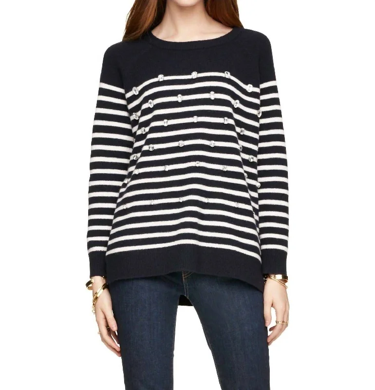 Stylish Women's Garments Catch Every Fashion Trend Crystal Embellished Stripe Merino Wool Pullover Sweater In Blue Stylish Women's Garments Catch Every Fashion Trend Crystal Embellished Stripe Merino Wool Pullover Sweater In Blue