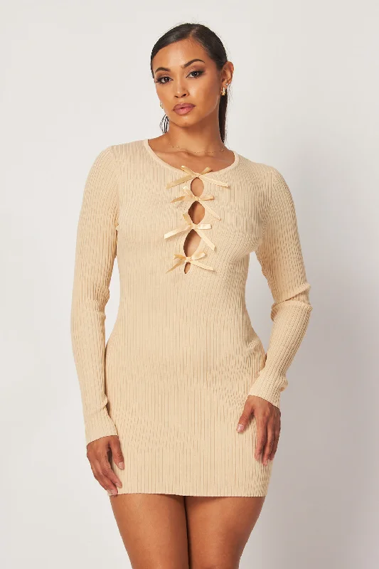 Women's Chic Apparel Chic And Edgy Emily Bow Detail Long Sleeve Knit Mini Dress