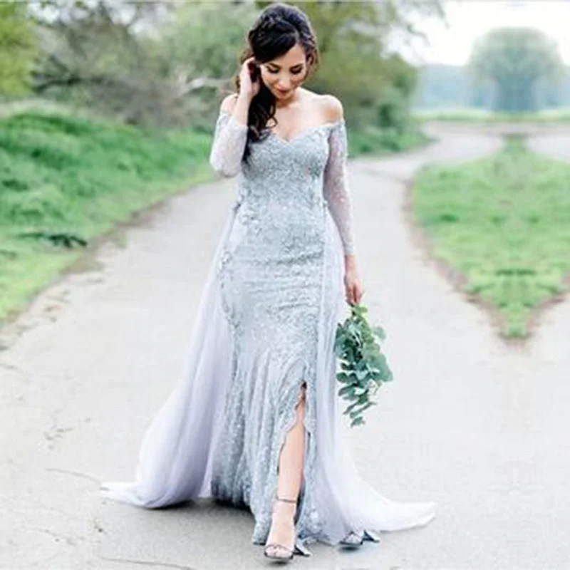 Women's Outerwear Clothing Elegant Style Off the Shoulder Long Sleeves tulle and lace Mermaid Women Formal Evening Gowns,Wedding Dress with AttachableTrain Women's Outerwear Clothing Elegant Style Off the Shoulder Long Sleeves tulle and lace Mermaid Women Formal Evening Gowns,Wedding Dress with AttachableTrain