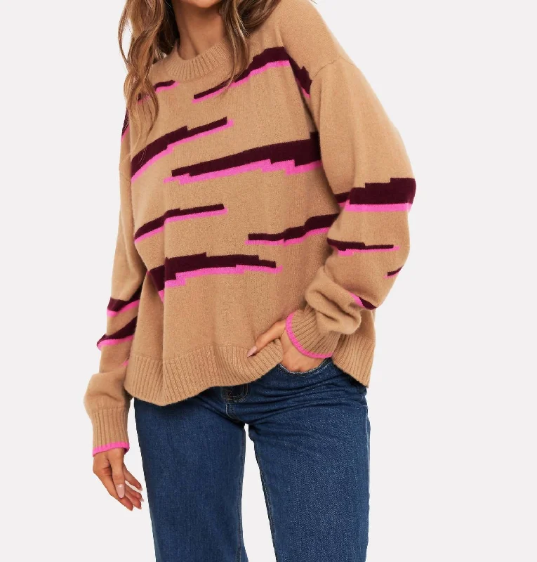Women's Activewear Attire Insane Discount Onslaught Glitch Zebra V Neck Sweater In Camel/sangria/diva Pink Women's Activewear Attire Insane Discount Onslaught Glitch Zebra V Neck Sweater In Camel/sangria/diva Pink