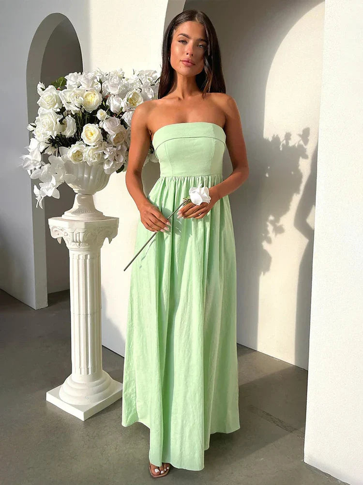 Women's Elegant Clothes Sleek Style Discounts Pleated A-line Long Off Shoulder Backless Nightclub Spring Summer Maxi Dress