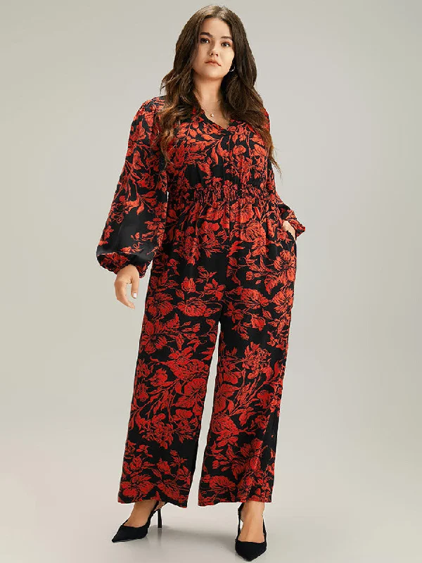 Women's Apparel Sophisticated Street Style Offers Silhouette Floral Print Notched Shirred Jumpsuit