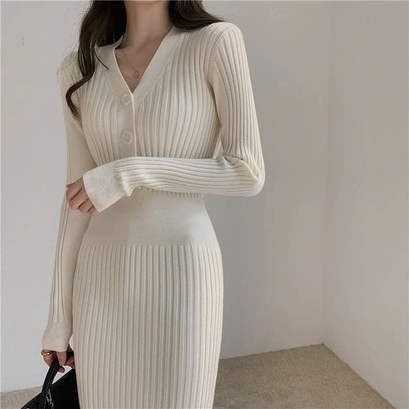 Affordable Luxury Women's Apparel Minimalist Fashion Sale DressBetty - Women Slim Vintage Knitted Long Sleeve Sweater Dresses