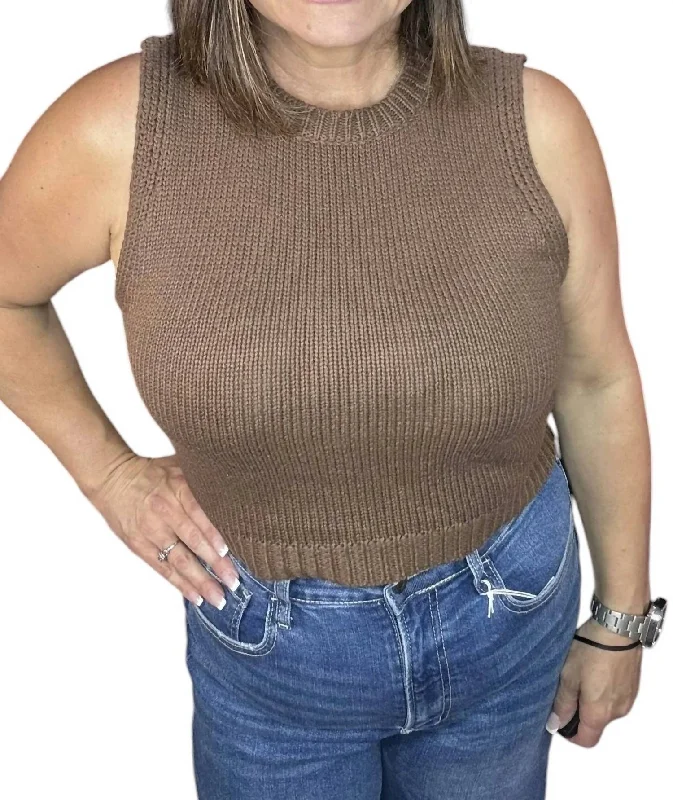 Modern Women's Attire Chic And Trendy Knit Cropped Tank Sweater In Mocha