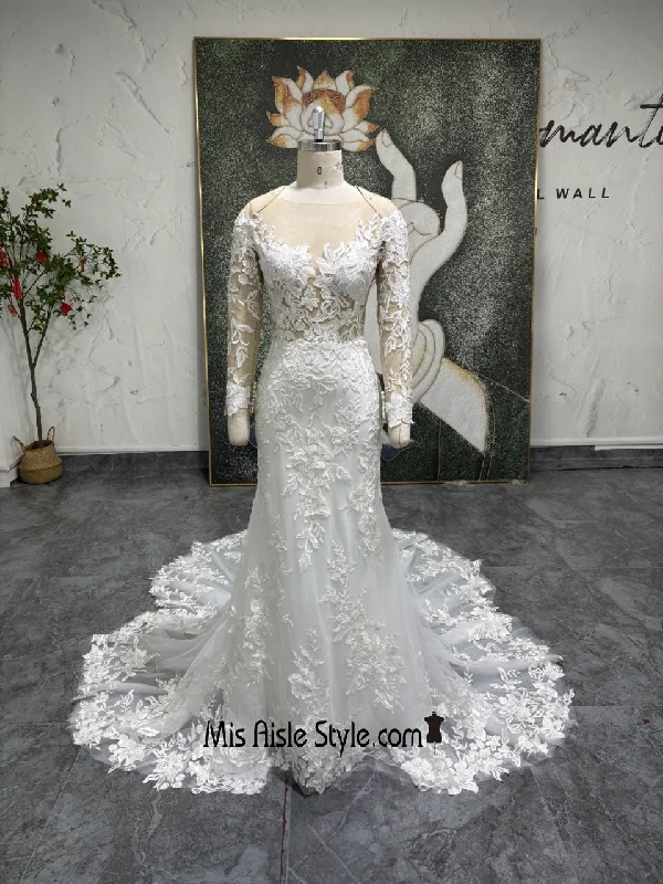 Women's Occasion Wear Clothes Hot Sale Fitted Long Sleeve Sheer Lace Wedding Dress