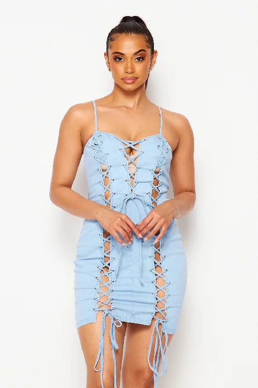Women's Casual Apparel Style Breakthroughs Sandra Denim Lace Up Front Tank Dress