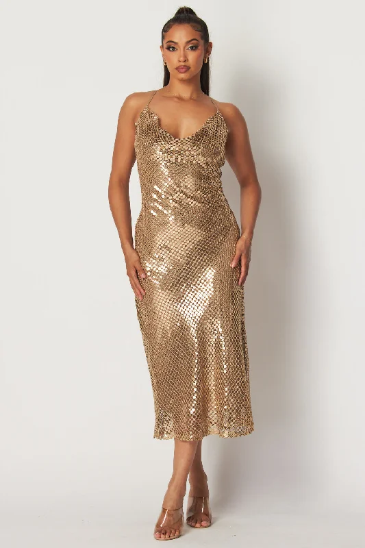 Women's Elegant Outfit Fashion Sale Brea Sequin Cross Back Cowl Neck Midi Dress