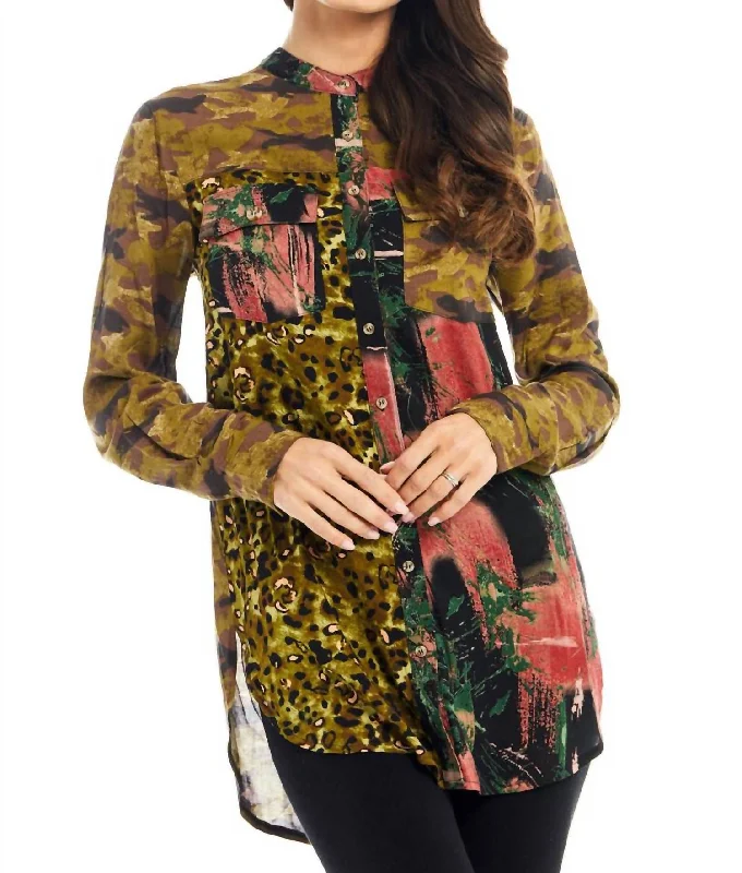 Modern Fashion Sale Faux Leopard Button Front Shirt In Camouflage