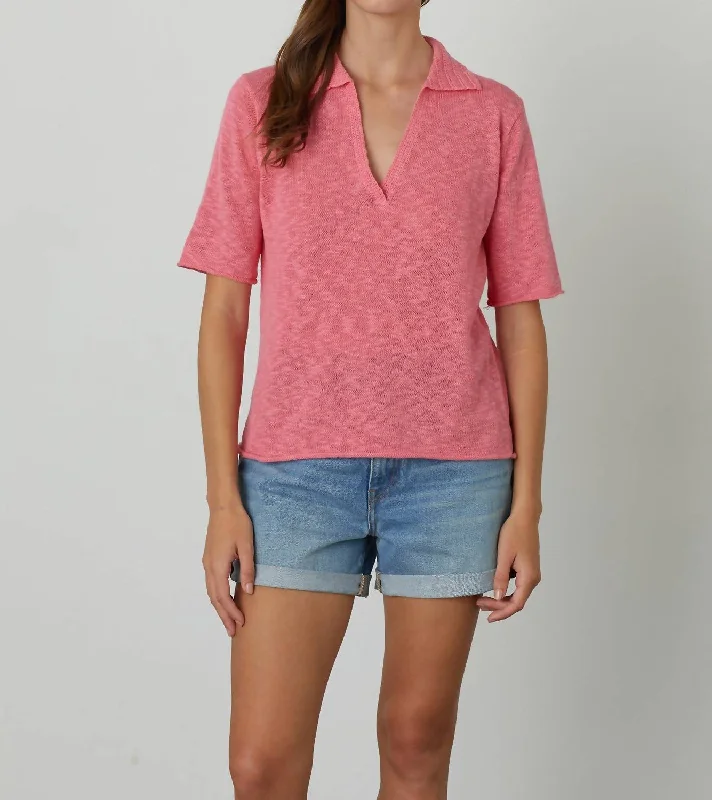 Stylish Deals Velvet Linen Polo Torie Top In Rose