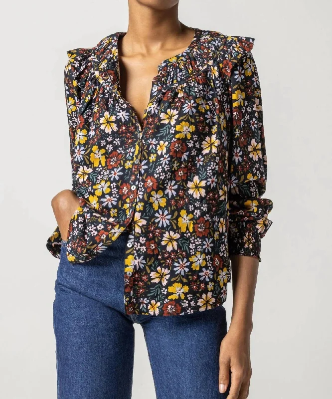 Daily Deals Smocked Cuff Top In Black Floral