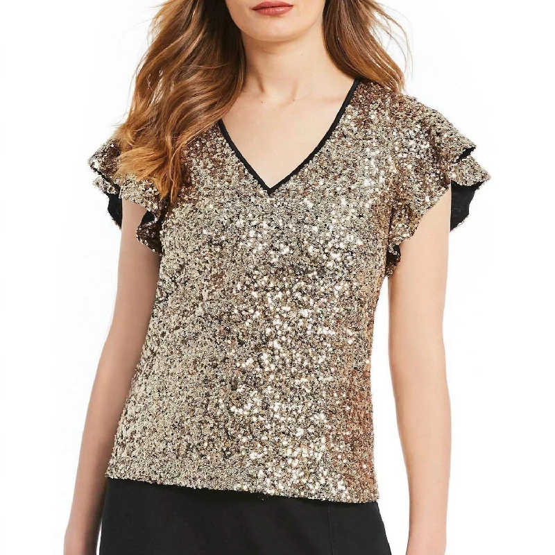 Quick Grab Deals Sequin Flutter Sleeve Top In Gold