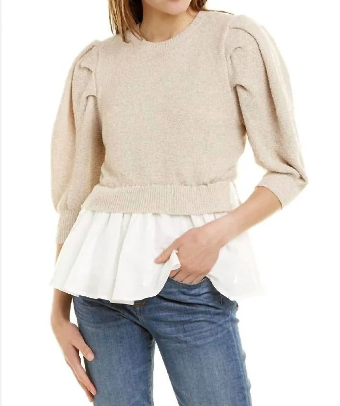 Big Discounts Mixed Media Puffed Sleeve Top In Natural