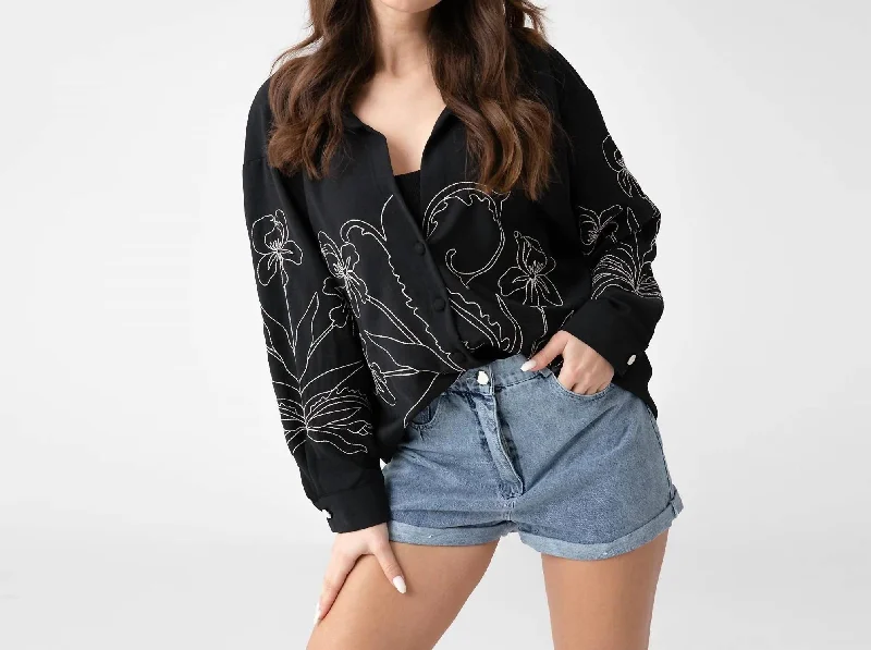 Daring Fashion Promotions Drop Shoulder Embroidery Oversized Shirt In Black